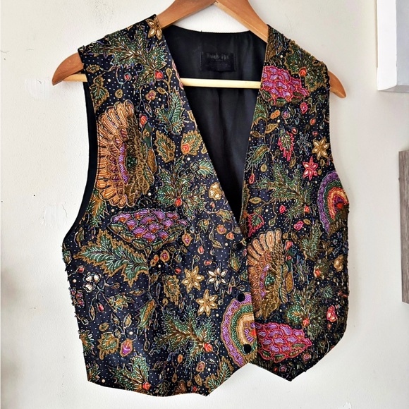 Vintage Hand Beaded Batik Vest Bird Floral Sequin Boho Folk Art to Wear Size M - Picture 4 of 14